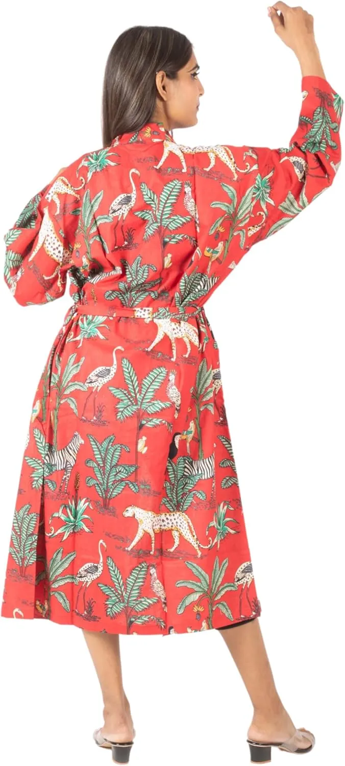 Women Kimono Robes | Indian All Jungle Safari Print | 100% Cotton Night Gown | One Size (S to XL)