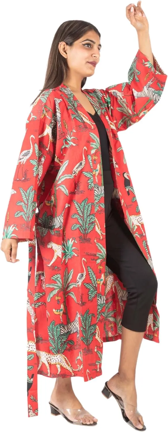 Women Kimono Robes | Indian All Jungle Safari Print | 100% Cotton Night Gown | One Size (S to XL)