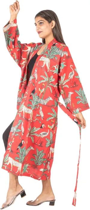 Women Kimono Robes | Indian All Jungle Safari Print | 100% Cotton Night Gown | One Size (S to XL)