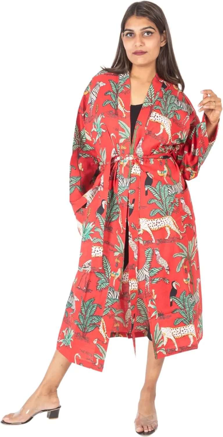 Women Kimono Robes | Indian All Jungle Safari Print | 100% Cotton Night Gown | One Size (S to XL)
