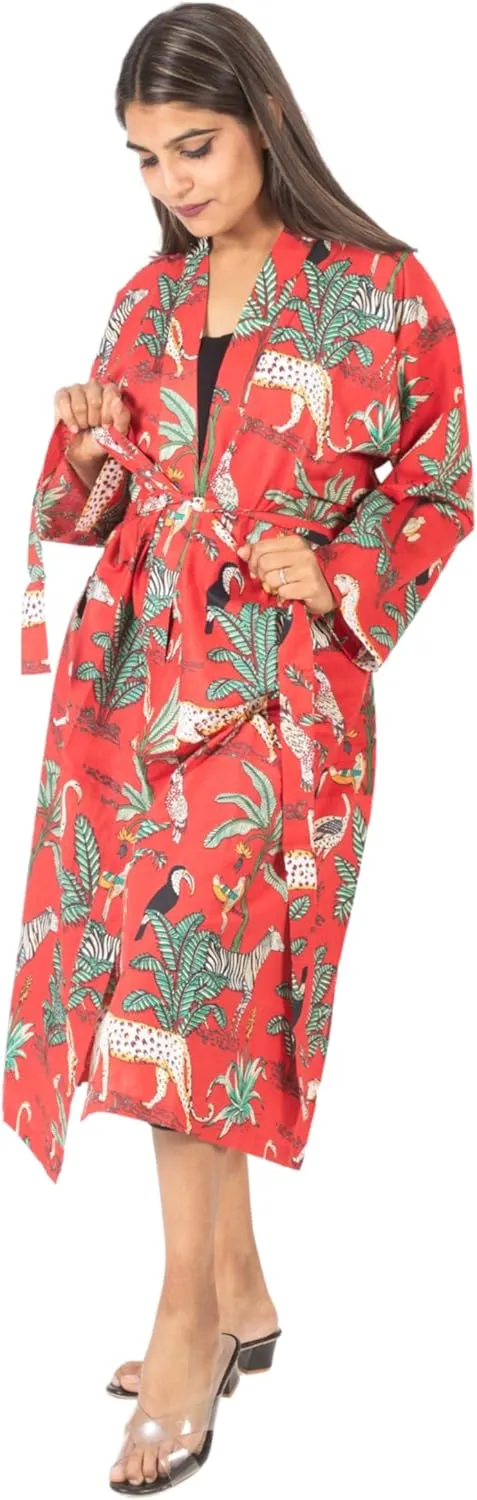 Women Kimono Robes | Indian All Jungle Safari Print | 100% Cotton Night Gown | One Size (S to XL)