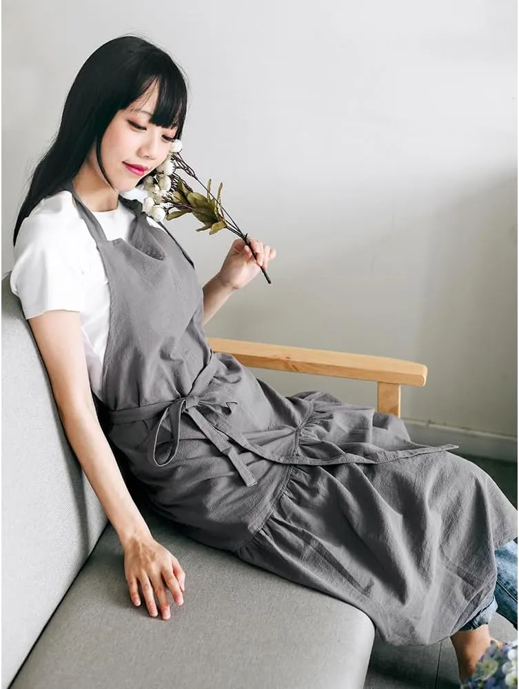 Women Kitchen Apron Cotton Linen Fishtail Lengthened Slim Apron Adjustable Belt Gentle Pink Apron For Cooking Baking
