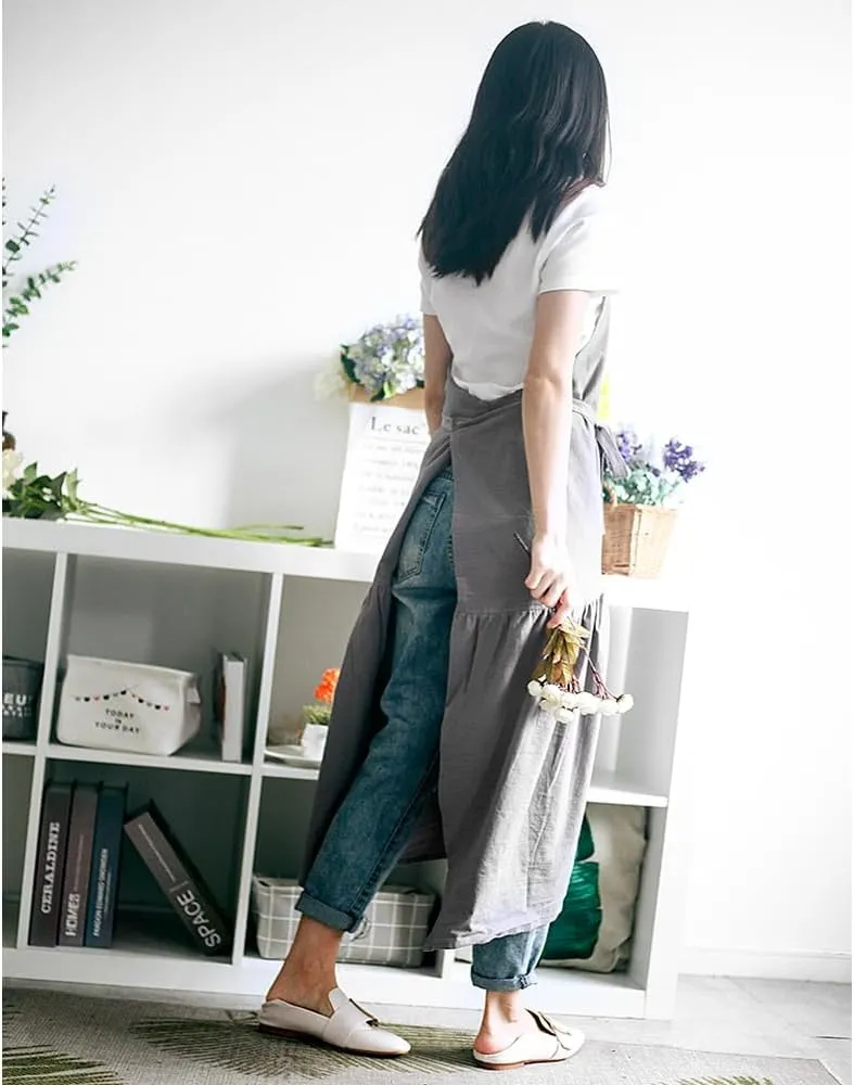 Women Kitchen Apron Cotton Linen Fishtail Lengthened Slim Apron Adjustable Belt Gentle Pink Apron For Cooking Baking