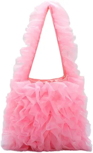 Women Lace Shoulder Handbag Soft Gauze Underarm Bag Lace Ruffle Style Tote Purse