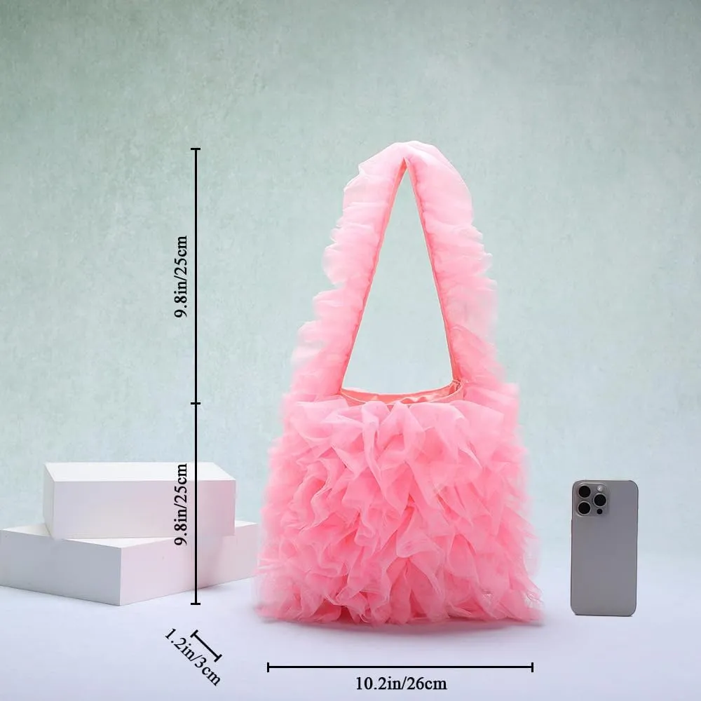 Women Lace Shoulder Handbag Soft Gauze Underarm Bag Lace Ruffle Style Tote Purse