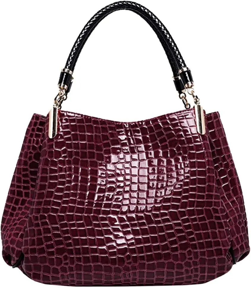 Women Large Alligator Pattern Faux Leather Top-handle Bag Evening Party Handbag Travel Tote Crocodile Dark Red