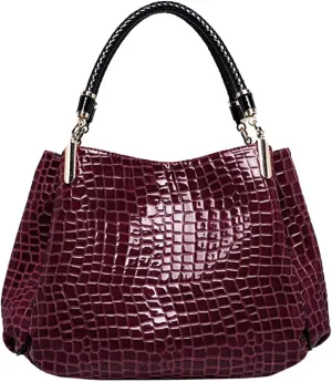 Women Large Alligator Pattern Faux Leather Top-handle Bag Evening Party Handbag Travel Tote Crocodile Dark Red
