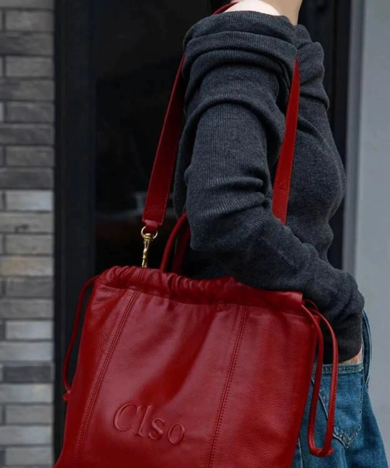 Women Large Drawstring Handbag Capacity Faux Satchel Leather Red