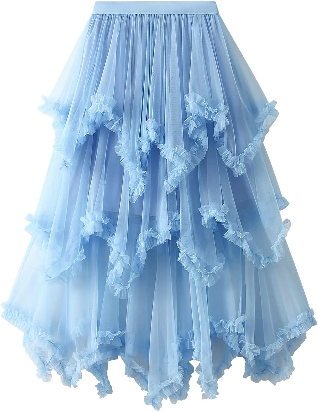 Women Layered Tulle Midi Skirt Frill Trim Ruffle Long Skirts