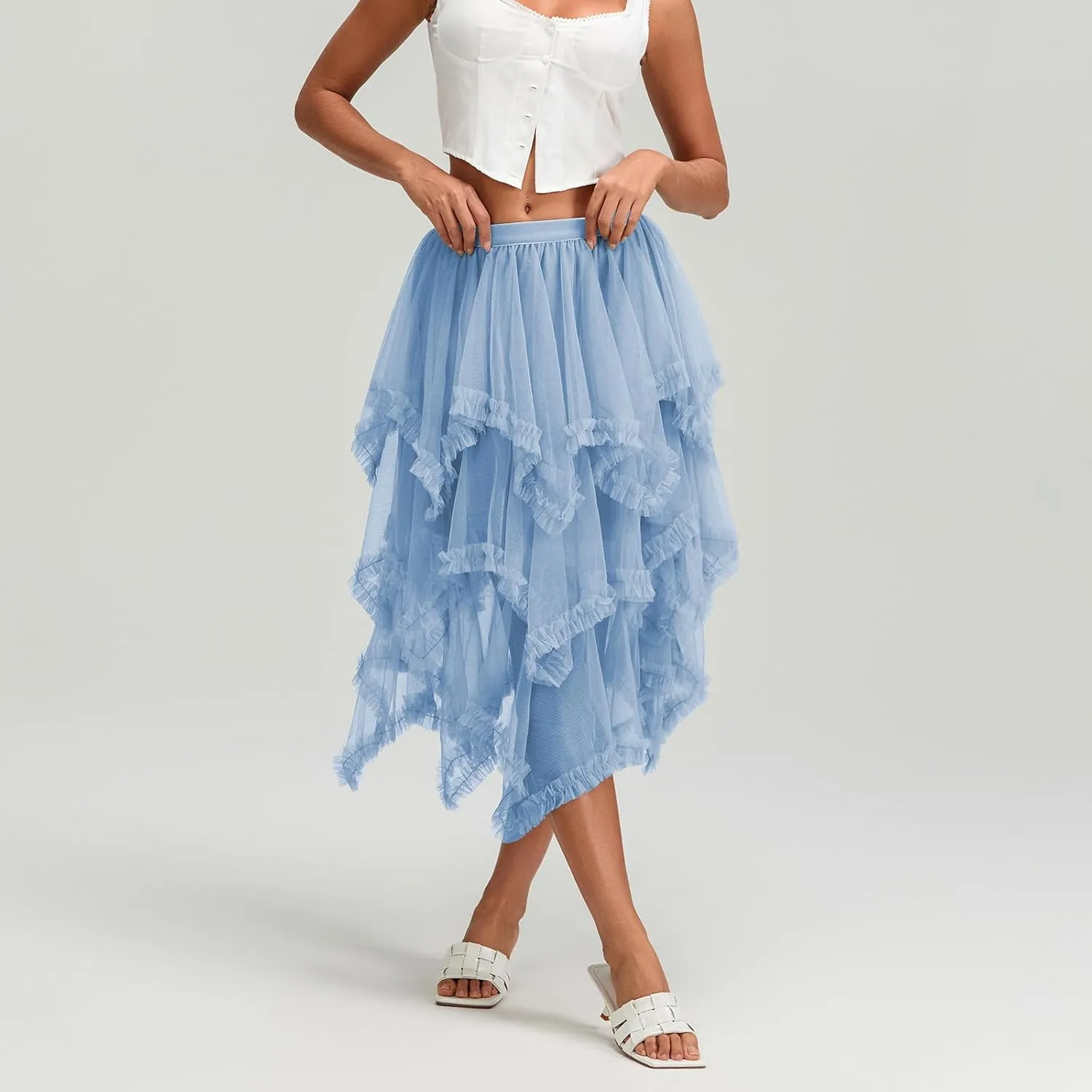 Women Layered Tulle Midi Skirt Frill Trim Ruffle Long Skirts