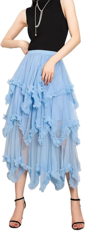 Women Layered Tulle Midi Skirt Frill Trim Ruffle Long Skirts