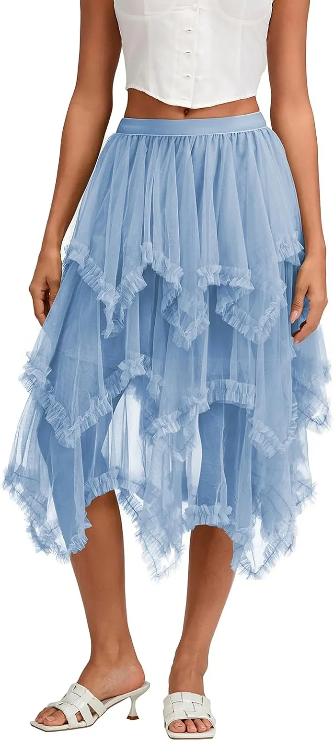 Women Layered Tulle Midi Skirt Frill Trim Ruffle Long Skirts