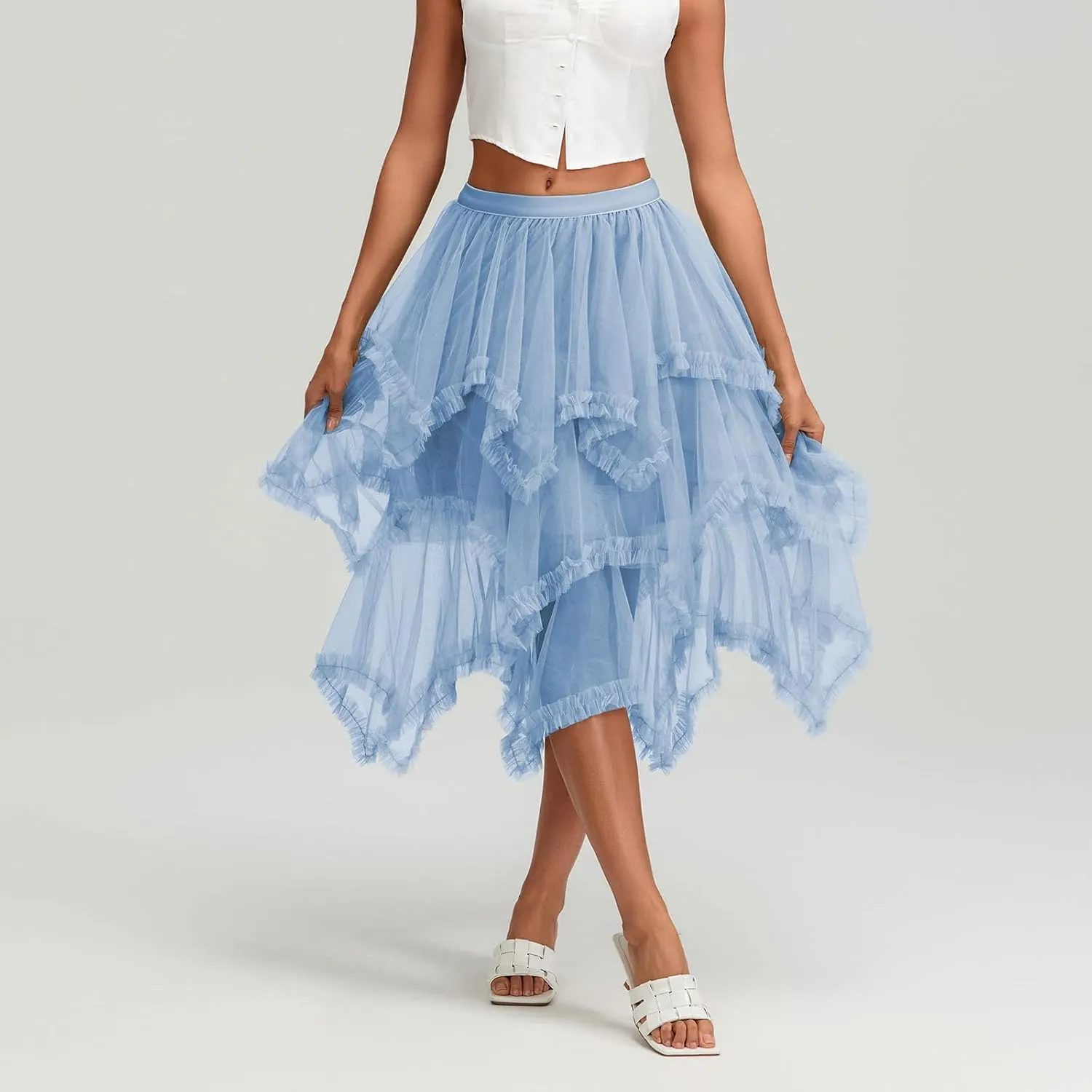 Women Layered Tulle Midi Skirt Frill Trim Ruffle Long Skirts
