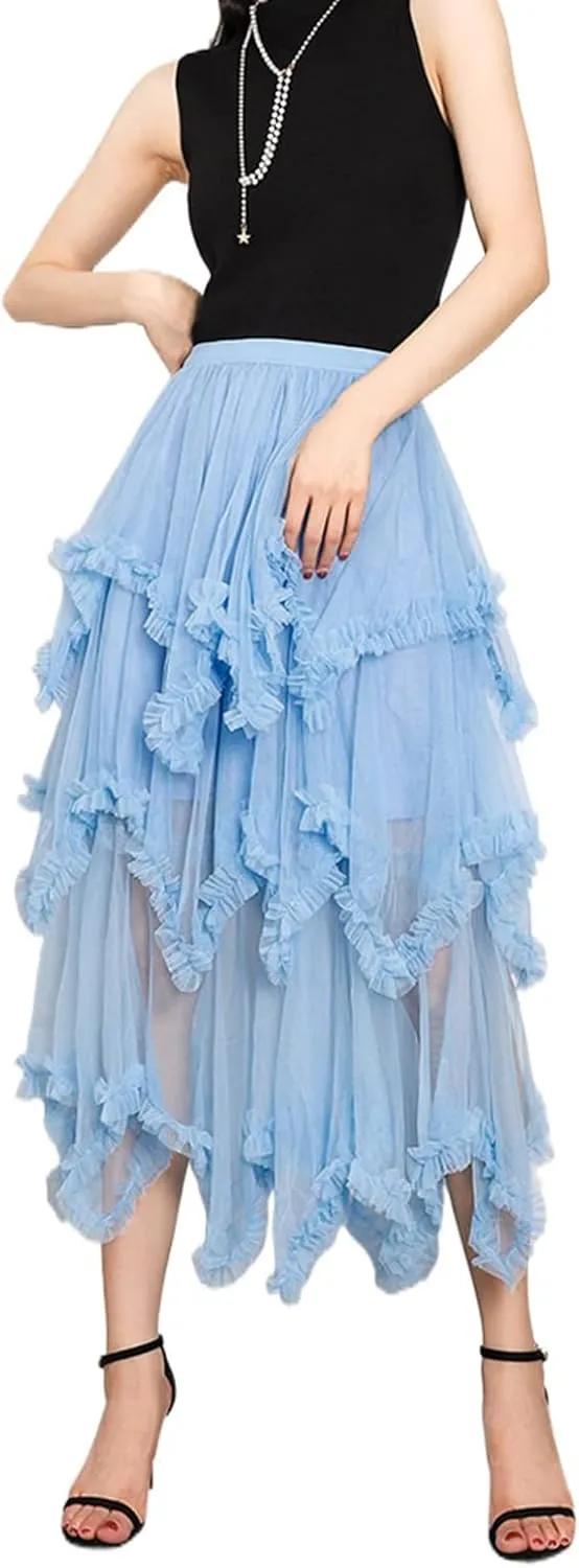 Women Layered Tulle Midi Skirt Frill Trim Ruffle Long Skirts