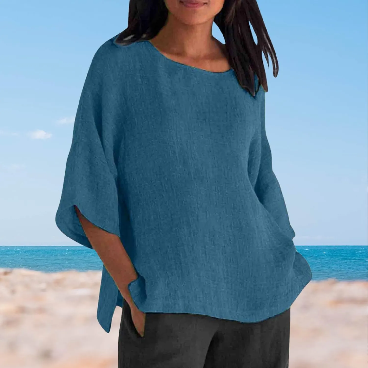 Women Linen T Shirt Casual 3/4 Batwing Sleeve Blouses Solid Color Sun Shirt Loose Pullover Tunic Top