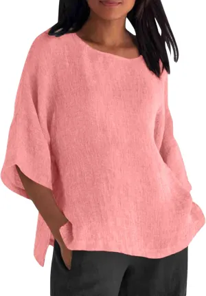 Women Linen T Shirt Casual 3/4 Batwing Sleeve Blouses Solid Color Sun Shirt Loose Pullover Tunic Top