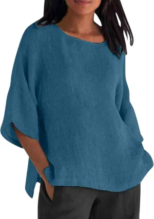 Women Linen T Shirt Casual 3/4 Batwing Sleeve Blouses Solid Color Sun Shirt Loose Pullover Tunic Top