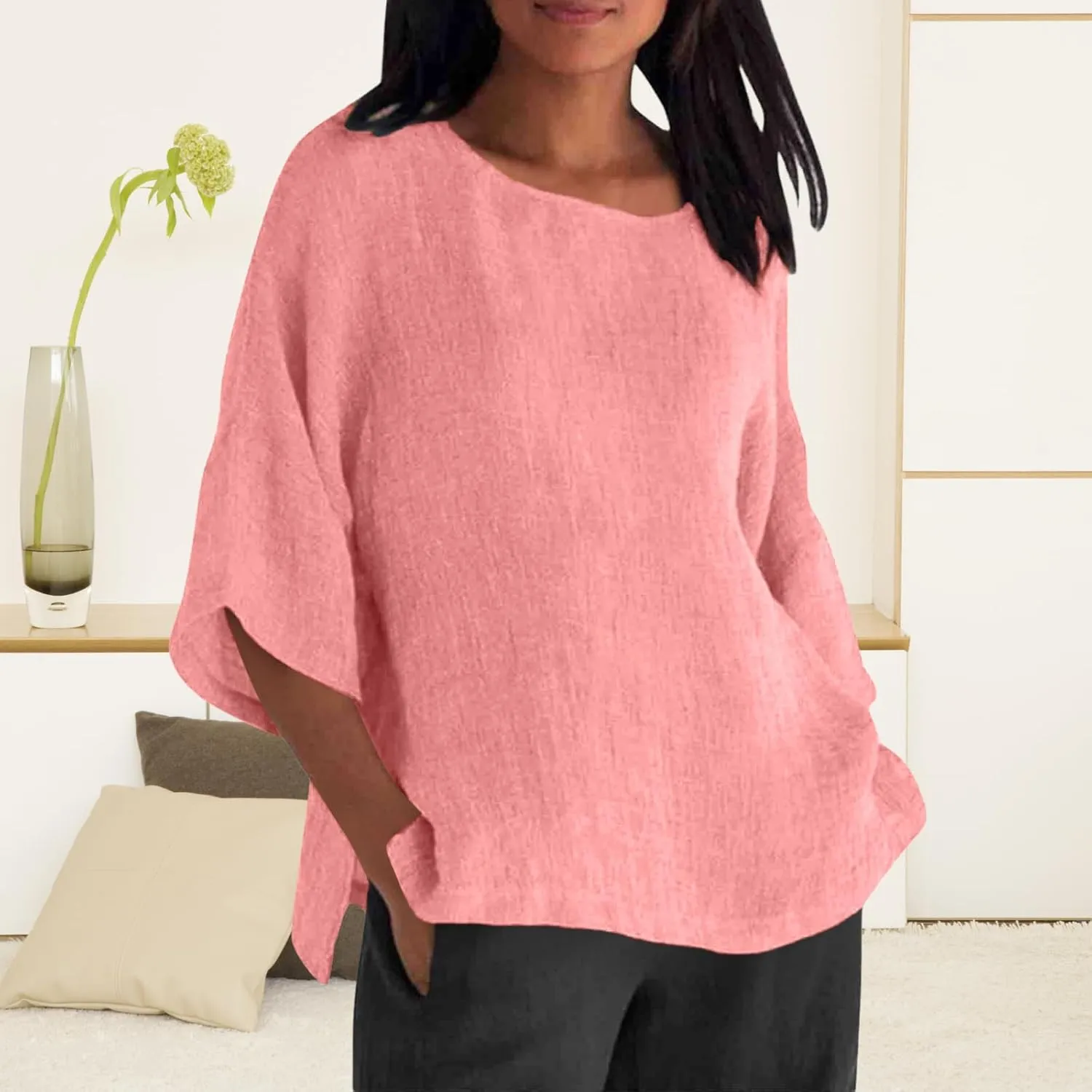 Women Linen T Shirt Casual 3/4 Batwing Sleeve Blouses Solid Color Sun Shirt Loose Pullover Tunic Top