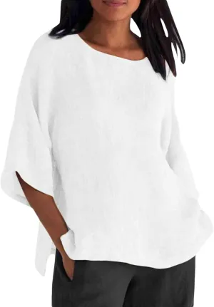 Women Linen T Shirt Casual 3/4 Batwing Sleeve Blouses Solid Color Sun Shirt Loose Pullover Tunic Top