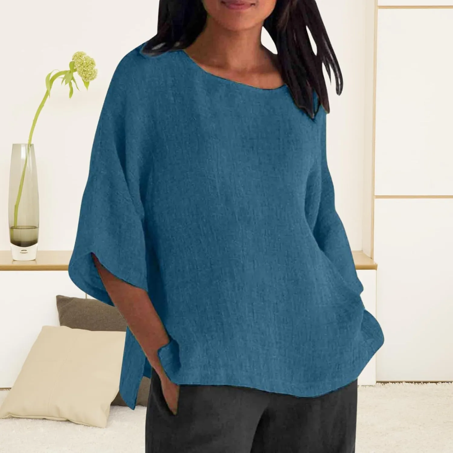 Women Linen T Shirt Casual 3/4 Batwing Sleeve Blouses Solid Color Sun Shirt Loose Pullover Tunic Top