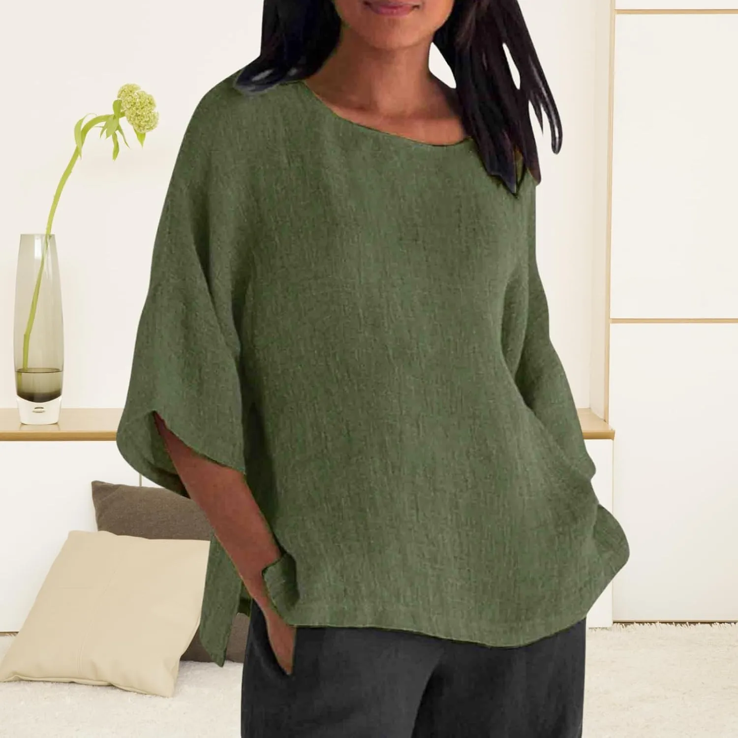 Women Linen T Shirt Casual 3/4 Batwing Sleeve Blouses Solid Color Sun Shirt Loose Pullover Tunic Top