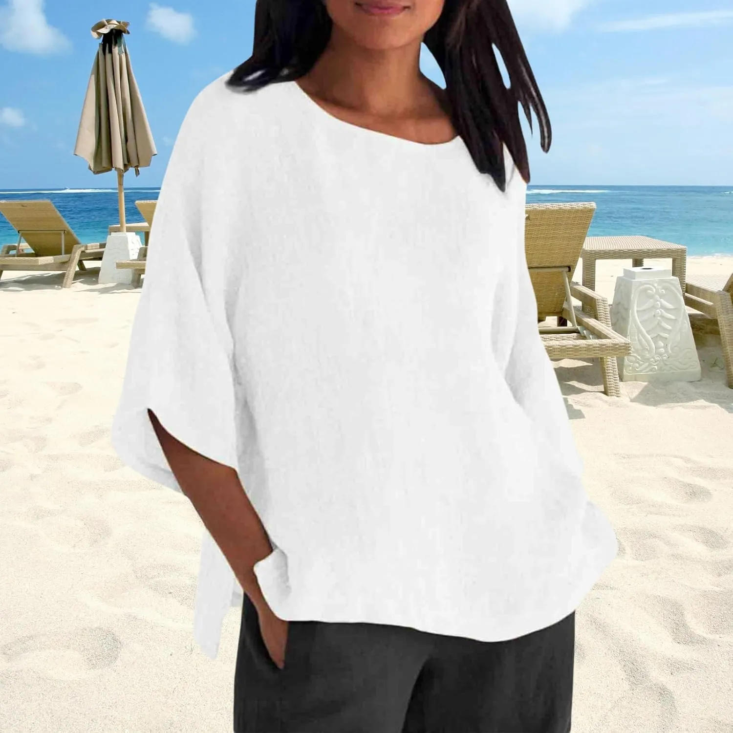 Women Linen T Shirt Casual 3/4 Batwing Sleeve Blouses Solid Color Sun Shirt Loose Pullover Tunic Top