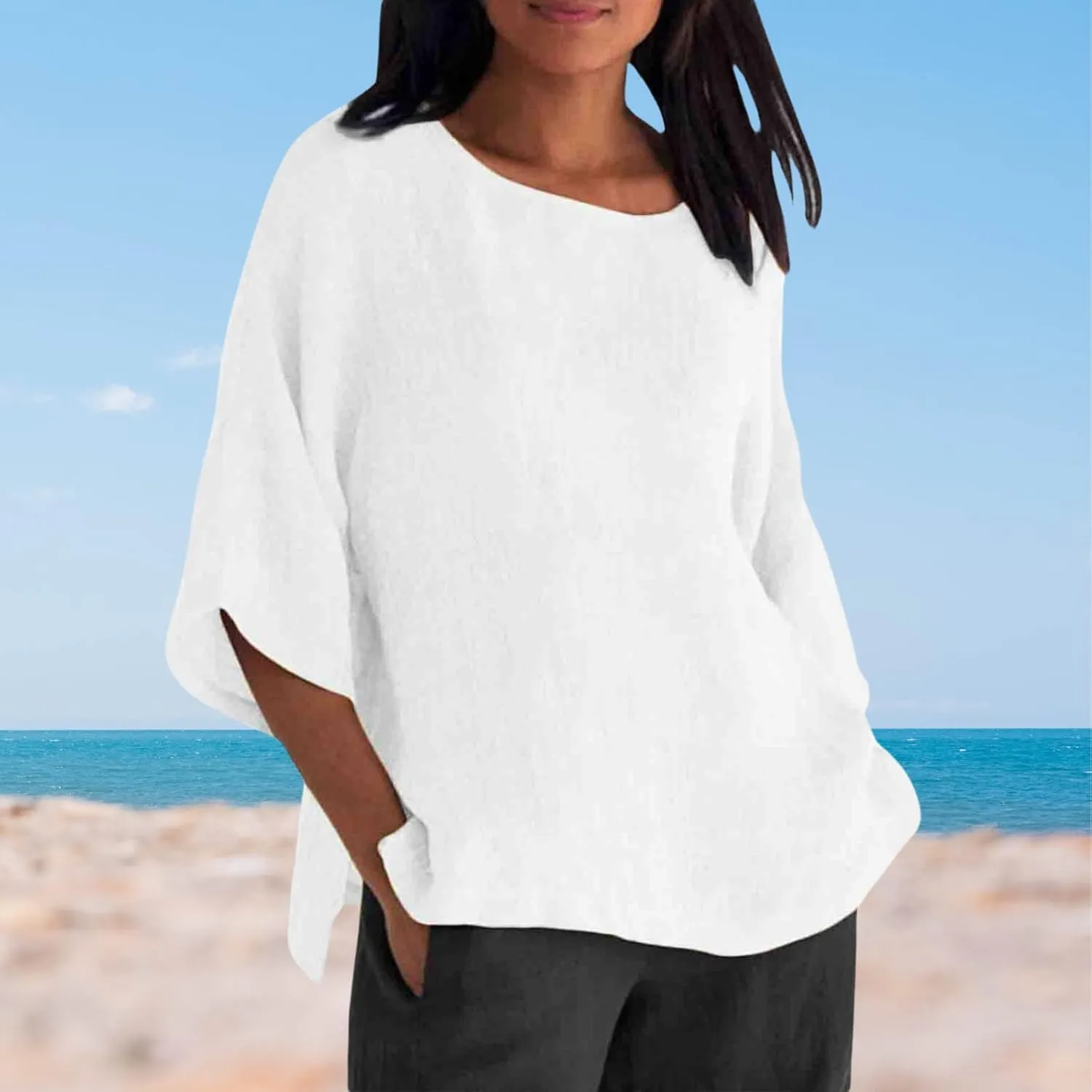 Women Linen T Shirt Casual 3/4 Batwing Sleeve Blouses Solid Color Sun Shirt Loose Pullover Tunic Top