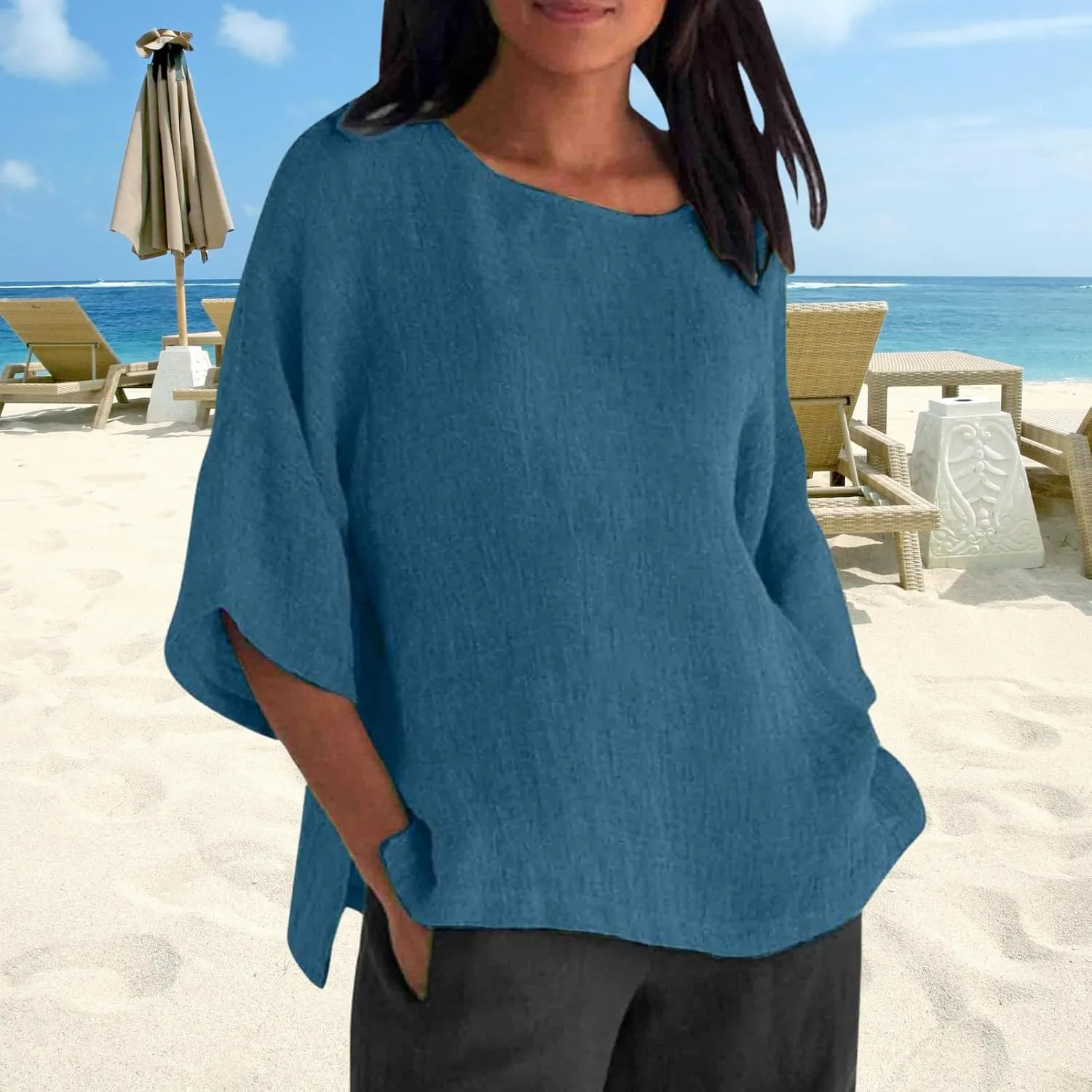 Women Linen T Shirt Casual 3/4 Batwing Sleeve Blouses Solid Color Sun Shirt Loose Pullover Tunic Top