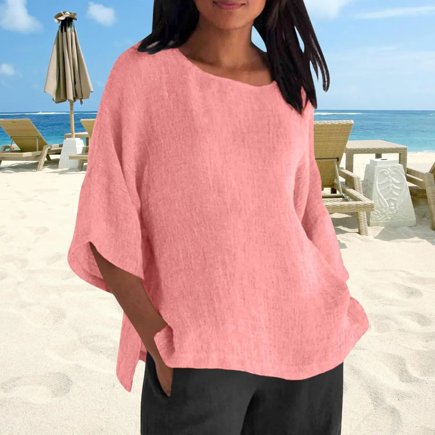Women Linen T Shirt Casual 3/4 Batwing Sleeve Blouses Solid Color Sun Shirt Loose Pullover Tunic Top