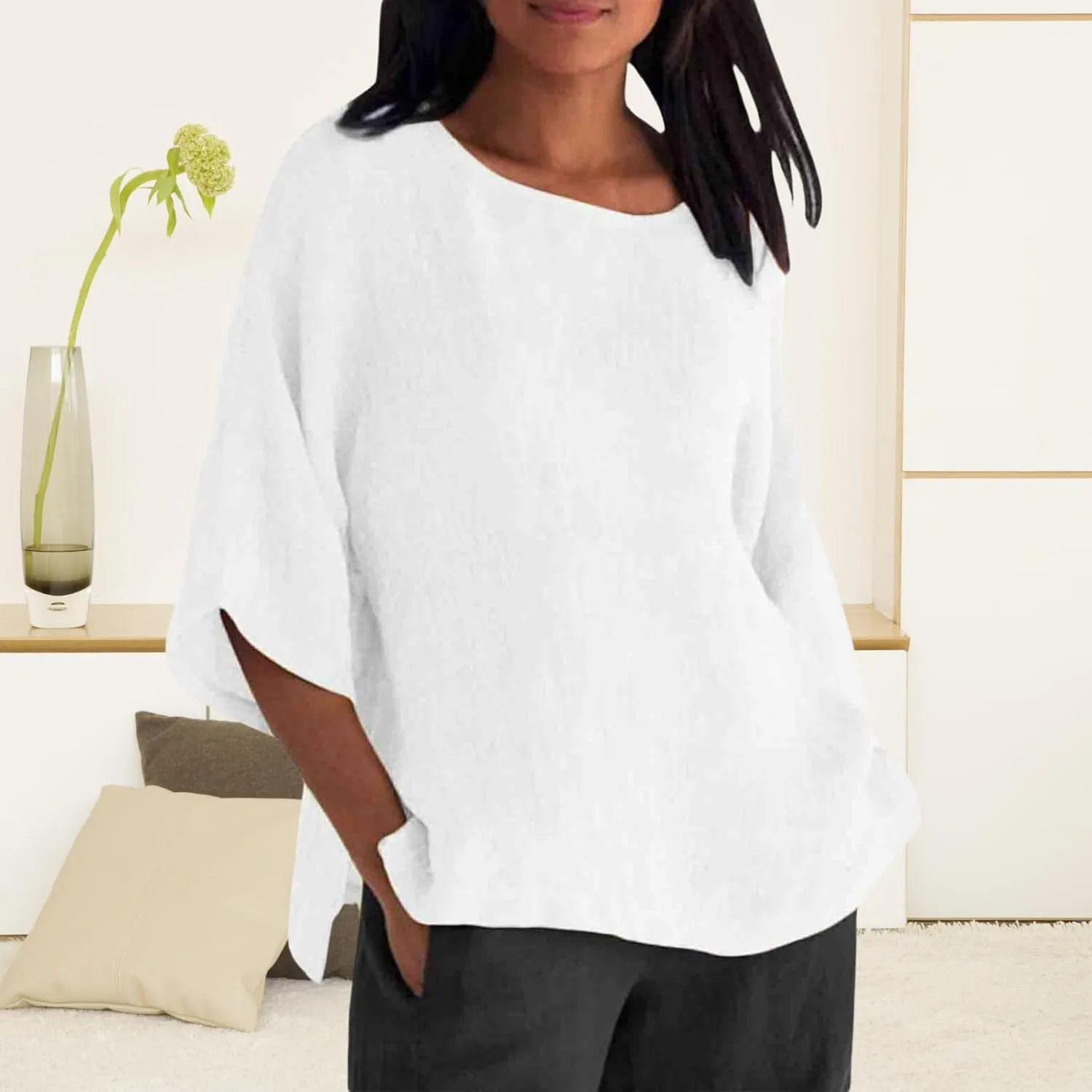 Women Linen T Shirt Casual 3/4 Batwing Sleeve Blouses Solid Color Sun Shirt Loose Pullover Tunic Top