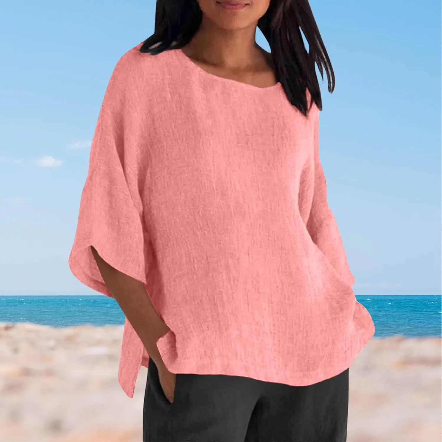 Women Linen T Shirt Casual 3/4 Batwing Sleeve Blouses Solid Color Sun Shirt Loose Pullover Tunic Top