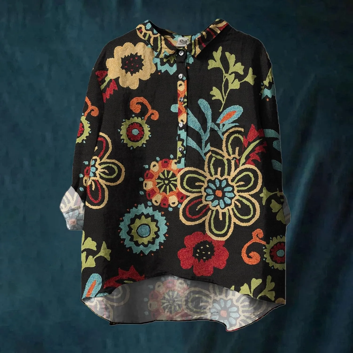 Women Long Sleeve Beach Shirt Printed Loose Fit Tee Tops Lapel Neck Button Blouses Long Short Sleeve Shirts for