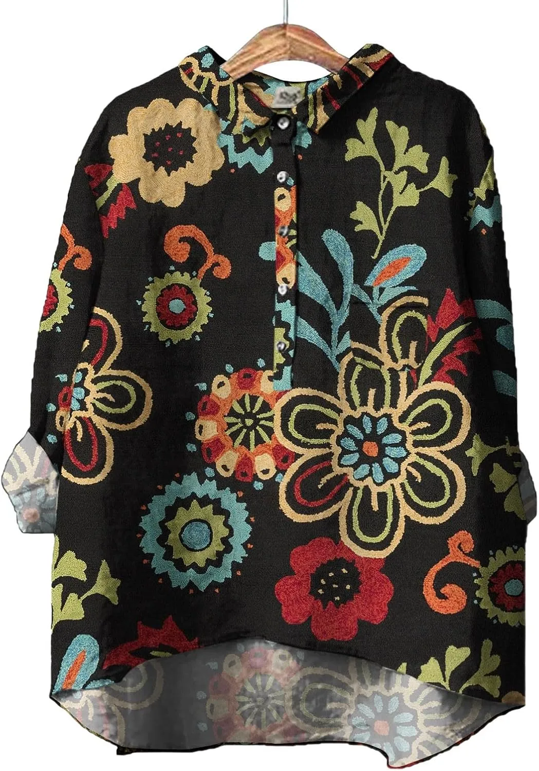 Women Long Sleeve Beach Shirt Printed Loose Fit Tee Tops Lapel Neck Button Blouses Long Short Sleeve Shirts for