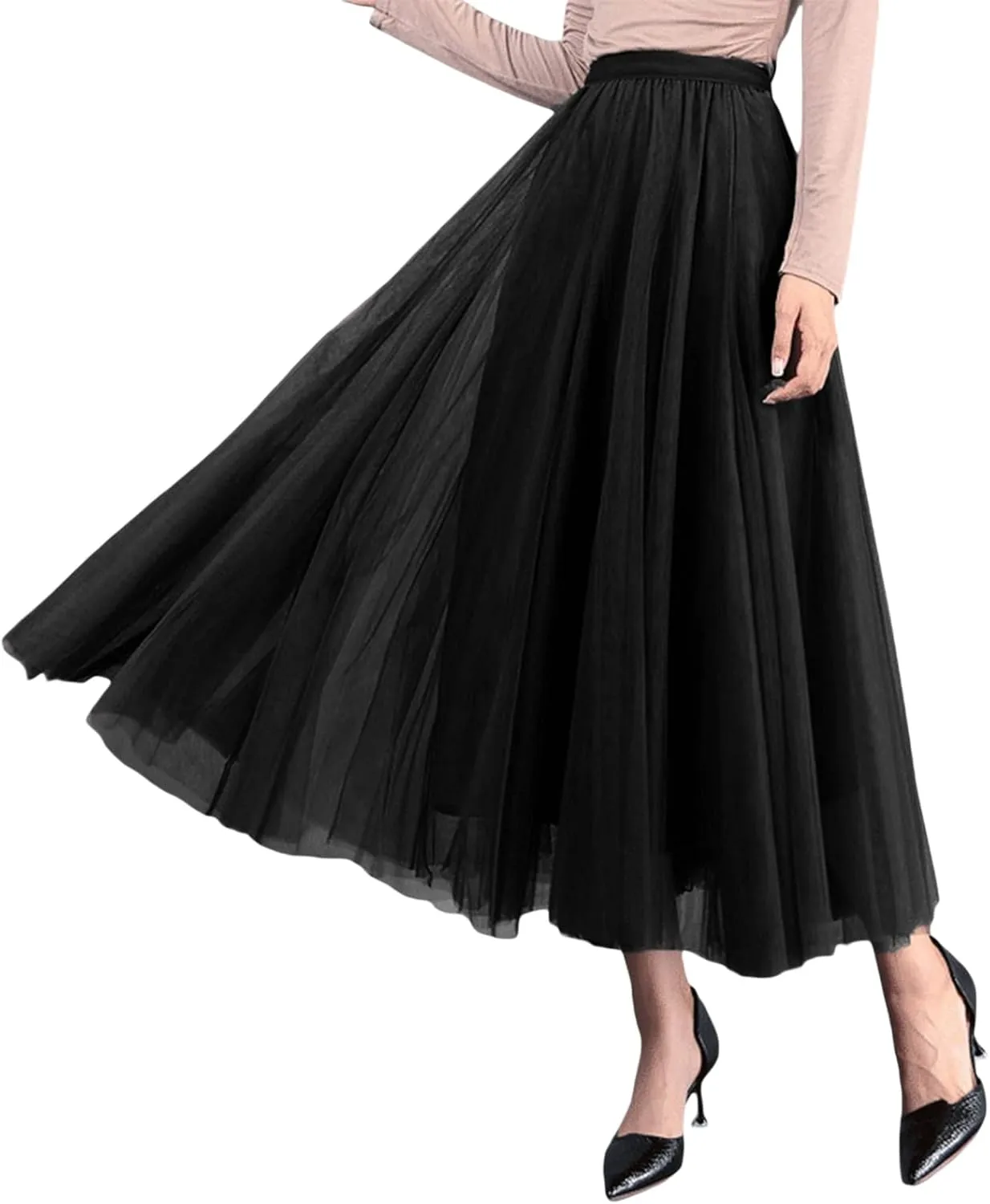 Women Mesh Skirt Solid Multilayer Pleated High Waist Lace Long Tulle Skirts for Wedding Party