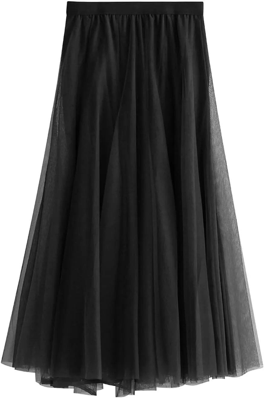 Women Mesh Skirt Solid Multilayer Pleated High Waist Lace Long Tulle Skirts for Wedding Party