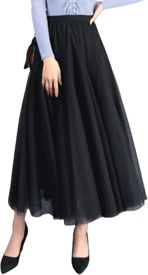 Women Mesh Skirt Solid Multilayer Pleated High Waist Lace Long Tulle Skirts for Wedding Party