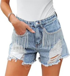 Women Mid Rise Ripped Stretchy Jeans Frayed Raw Hem Casual Tassels Denim Shorts