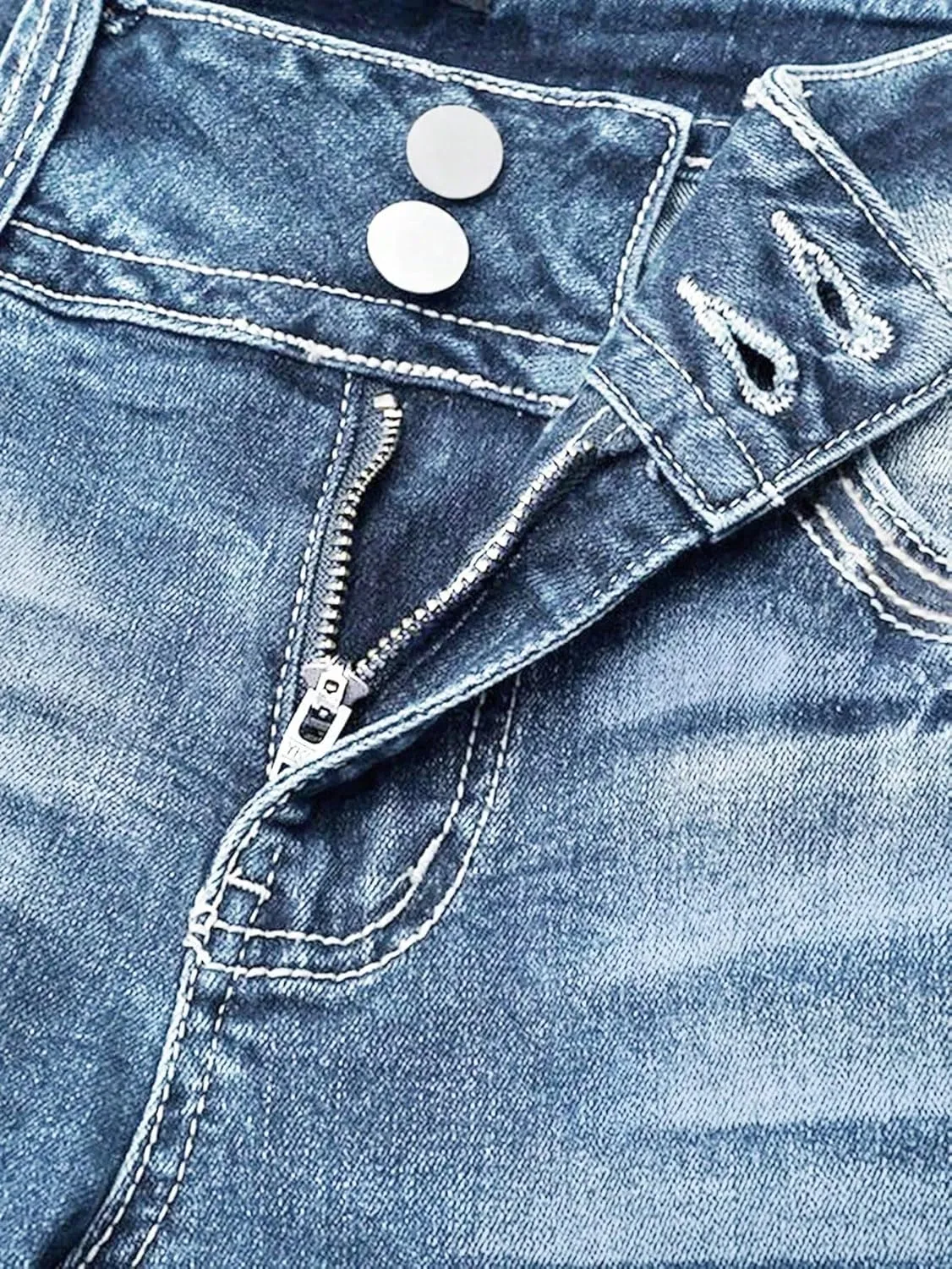 Women Mid Waisted Bootcut Jeans Zip Stretchy Slim Casual Double Button Flare Denim Pants with Distressed Pocket