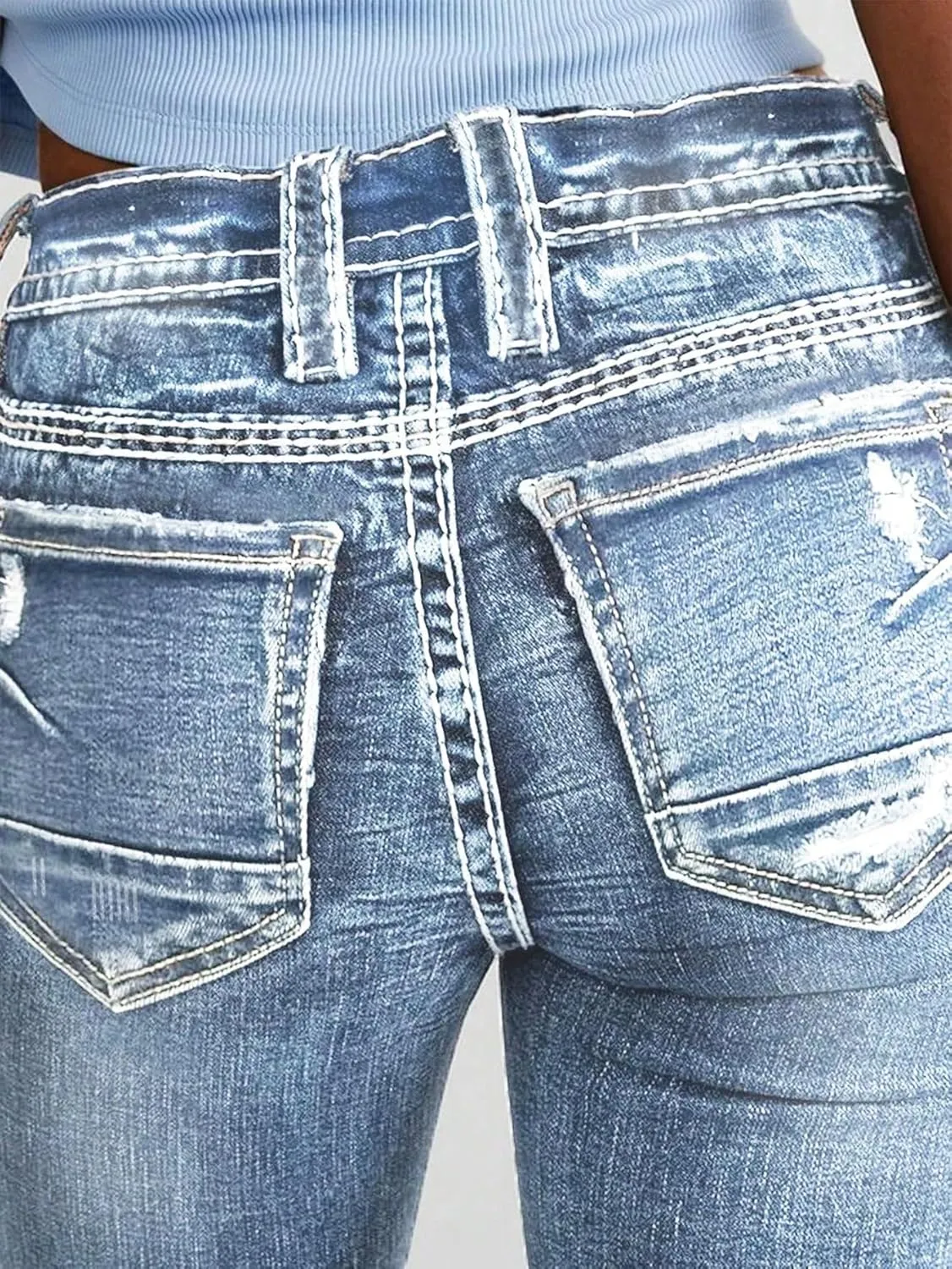 Women Mid Waisted Bootcut Jeans Zip Stretchy Slim Casual Double Button Flare Denim Pants with Distressed Pocket