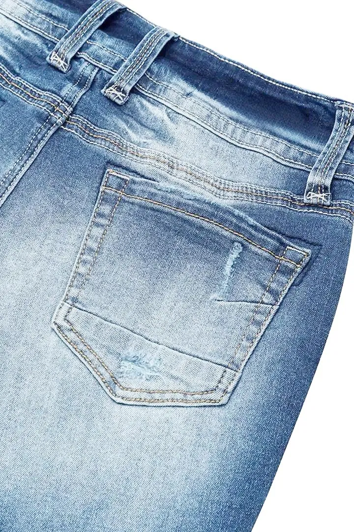 Women Mid Waisted Bootcut Jeans Zip Stretchy Slim Casual Double Button Flare Denim Pants with Distressed Pocket