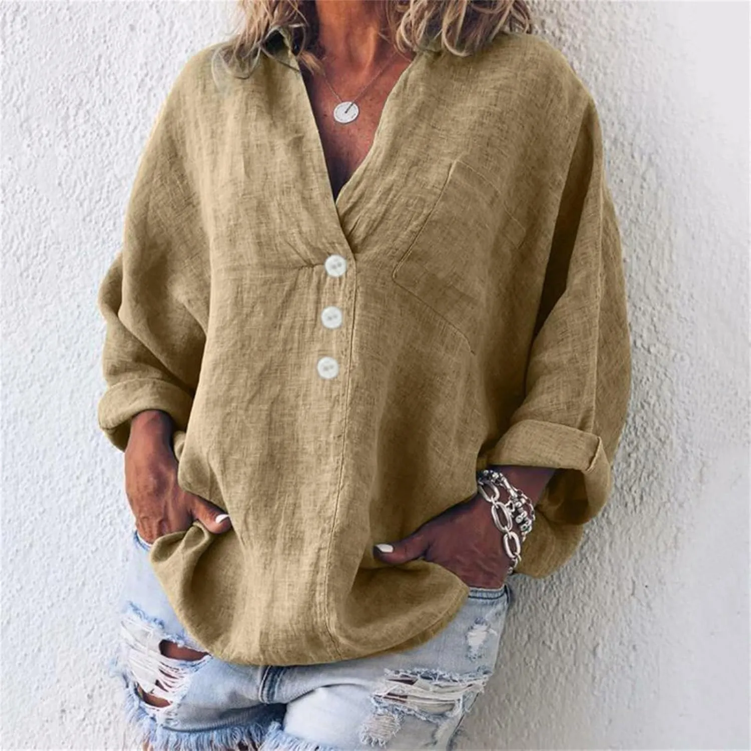 Women Oversized Button Down Shirts Long Sleeve Cotton Linen Tops for Women Loose Fit V Neck Cotton Linen Shirt