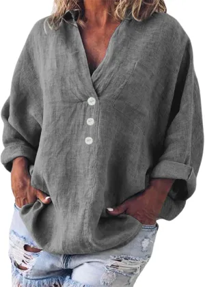 Women Oversized Button Down Shirts Long Sleeve Cotton Linen Tops for Women Loose Fit V Neck Cotton Linen Shirt
