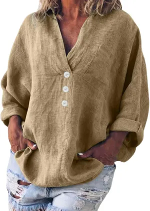 Women Oversized Button Down Shirts Long Sleeve Cotton Linen Tops for Women Loose Fit V Neck Cotton Linen Shirt