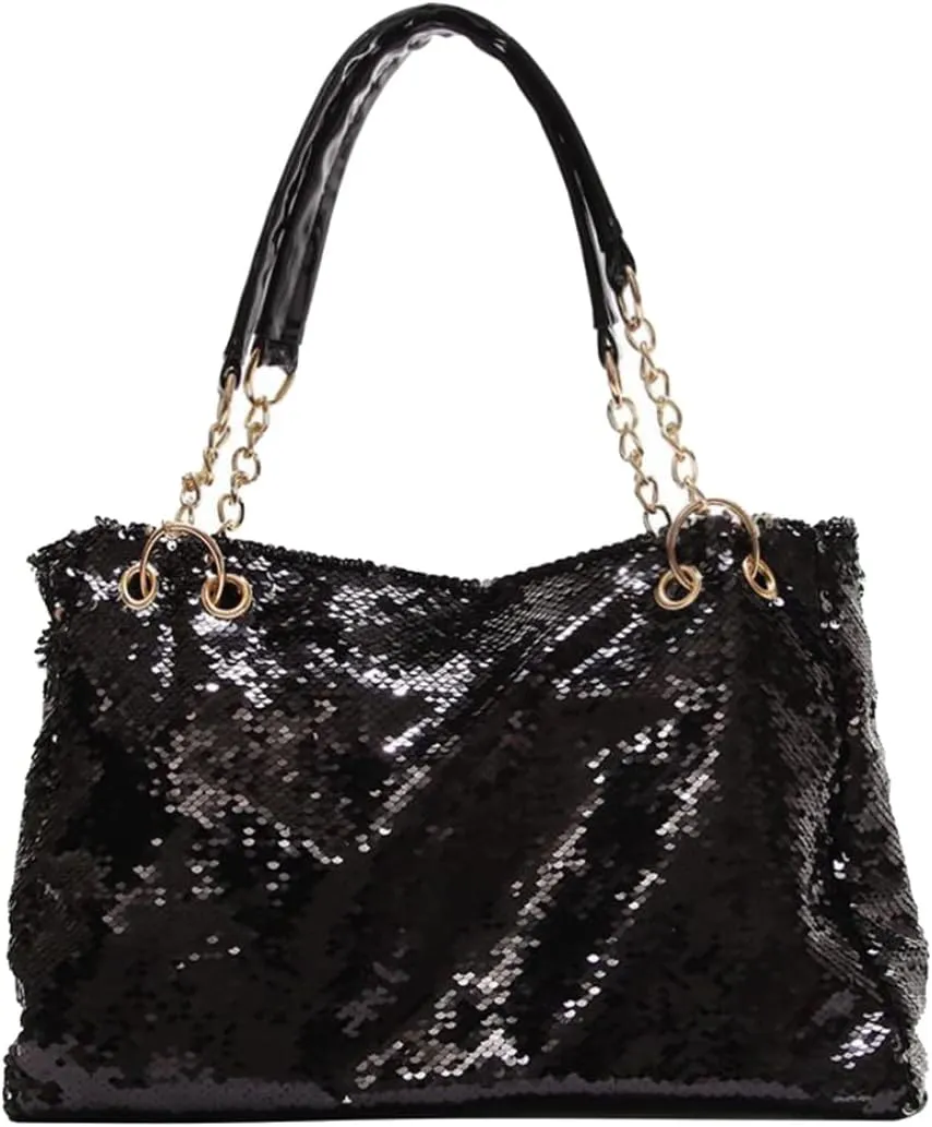 Women Patent Hobos Shiny Top-Handle Bags Chain Handbags Large Shoulder Bags for Ladies Sequin Purse
