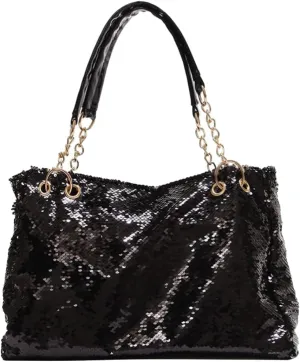 Women Patent Hobos Shiny Top-Handle Bags Chain Handbags Large Shoulder Bags for Ladies Sequin Purse