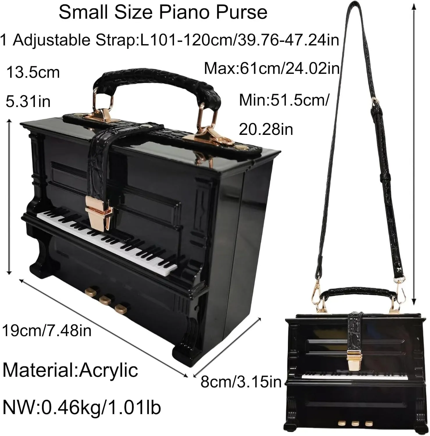 Women Piano Shaped Crossbody Shoulder Bag Handbag Acrylic Unique Novelty Piano Purse