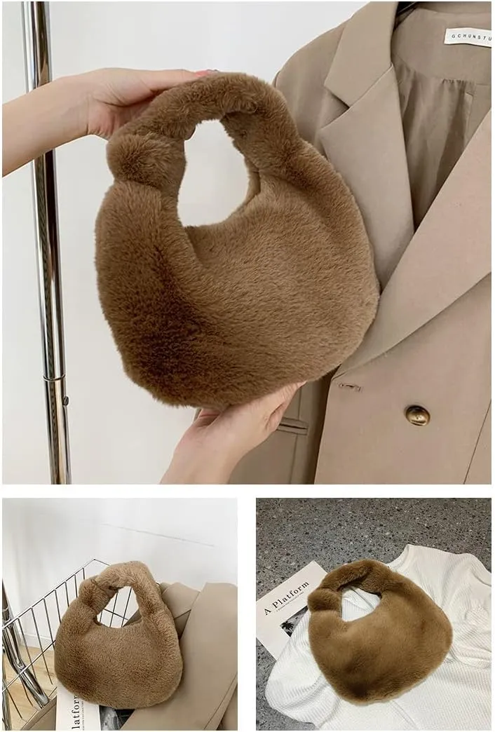 Women Plush Tote Bag Fluffy Underarm Purse Faux Fur Shoulder Handbag Fuzzy Tied Bag Winter Christmas Gifts