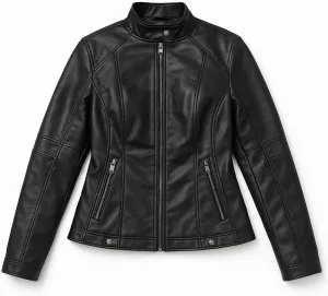 Women Real Leather Motorcycle Jacket, Black, Zip Front, Stand Collar