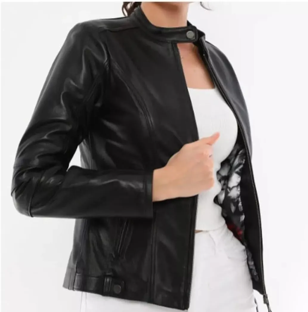 Women Real Leather Motorcycle Jacket, Black, Zip Front, Stand Collar