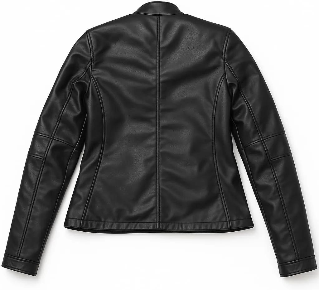 Women Real Leather Motorcycle Jacket, Black, Zip Front, Stand Collar